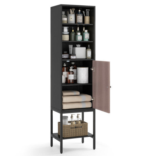 57 Inch Bathroom Tall Cabinet with 1 Door and 4 Shelves Narrow Storage Unit-Black W2B