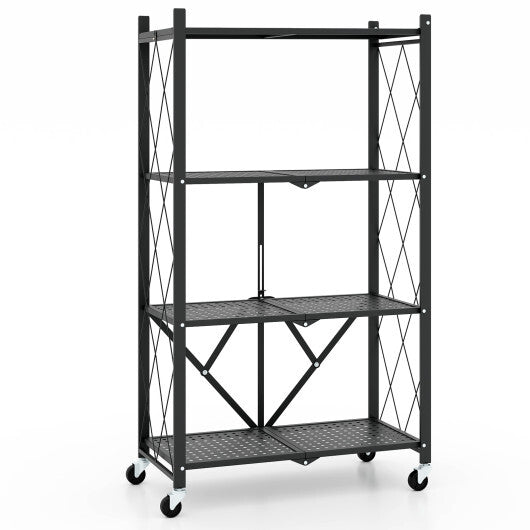 4-Tier Foldable Storage Shelf Collapsible Storage Rack with Lockable Wheels-Black W2B