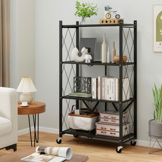 4-Tier Foldable Storage Shelf Collapsible Storage Rack with Lockable Wheels-Black W2B