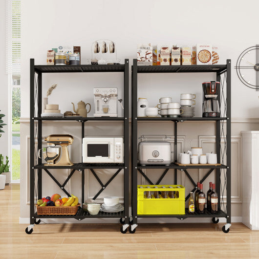 4-Tier Foldable Storage Shelf Collapsible Storage Rack with Lockable Wheels-Black W2B
