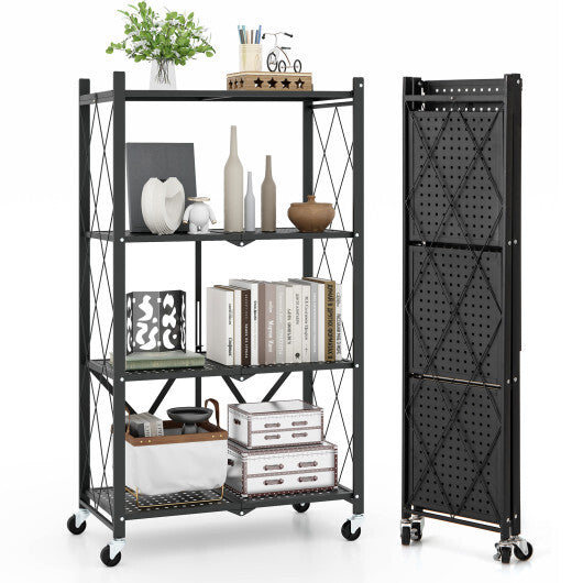 4-Tier Foldable Storage Shelf Collapsible Storage Rack with Lockable Wheels-Black W2B