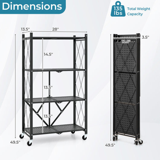 4-Tier Foldable Storage Shelf Collapsible Storage Rack with Lockable Wheels-Black W2B