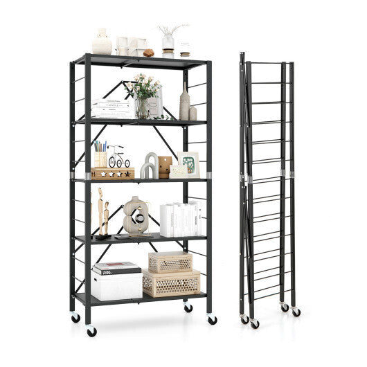 5-Tier Foldable Storage Shelf with Wheels-Black W2B