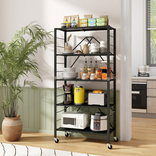 5-Tier Foldable Storage Shelf with Wheels-Black W2B