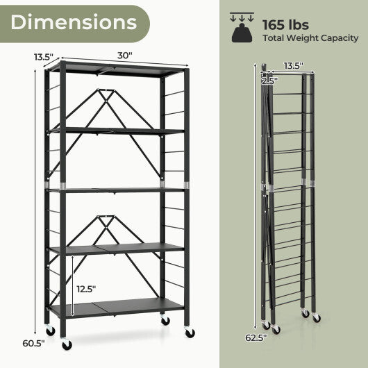 5-Tier Foldable Storage Shelf with Wheels-Black W2B