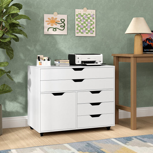 Modern Vertical 5-Drawer Mobile Chest with Door 5 Casters-White