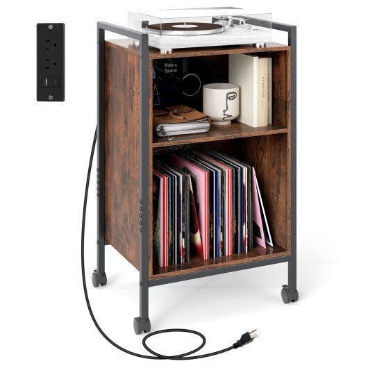 Mobile Record Player Stand with Power Outlet-Rustic Brown W2B
