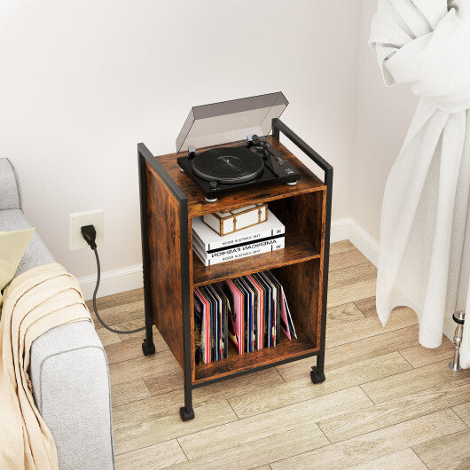 Mobile Record Player Stand with Power Outlet-Rustic Brown W2B