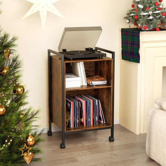 Mobile Record Player Stand with Power Outlet-Rustic Brown W2B