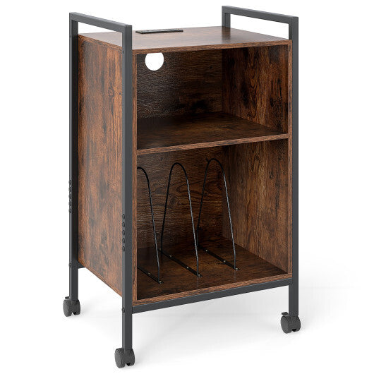 Mobile Record Player Stand with Power Outlet-Rustic Brown W2B
