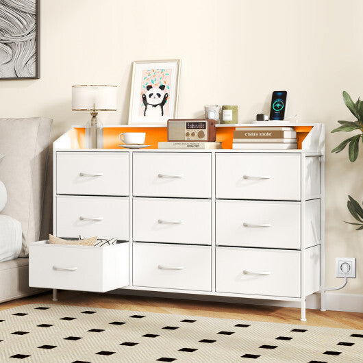 Storage Organizer with LED Lights and 9 Fabric Drawers for Bedroom-White W2B