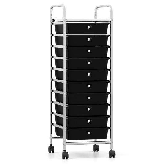 10-Drawer Rolling Storage Cart with Metal Frame and Lockable Universal Wheels-Black W2B
