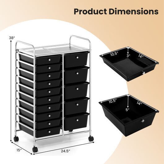 Rolling Storage Cart 15-Drawer Trolley with Chrome Plated Metal Frame-Black