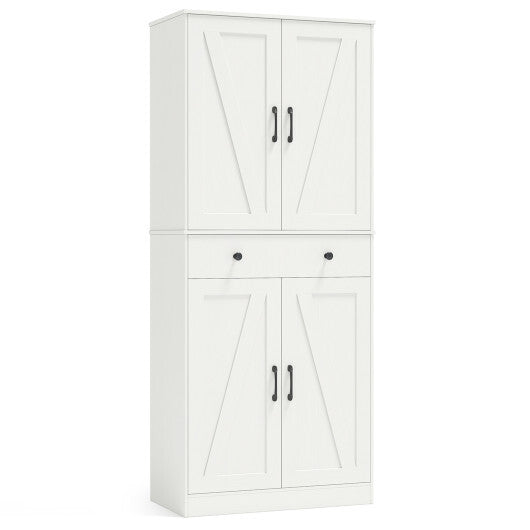 72 Inch Tall Modern Farmhouse Cupboard Cabinet with 4 Barn Doors-White
