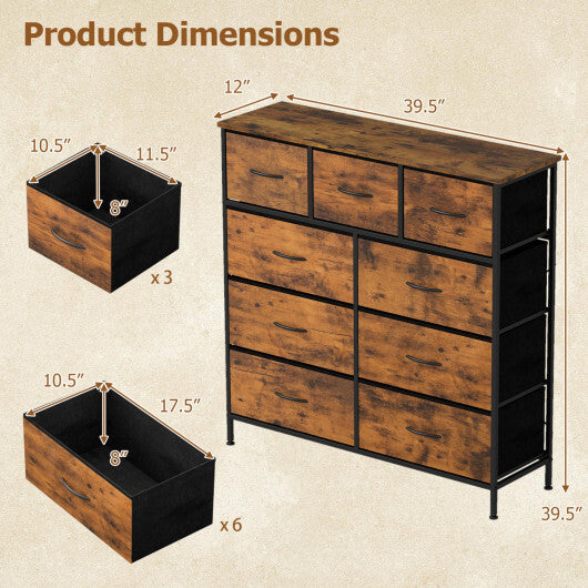 9-Drawer Fabric Dresser with Wooden Top for Bedroom-Rustic Brown W2B