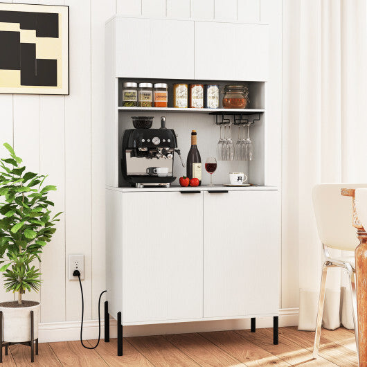 64.5 Inches Tall Kitchen Pantry Cabinet with Charging Station and Wine Glass Rack-White