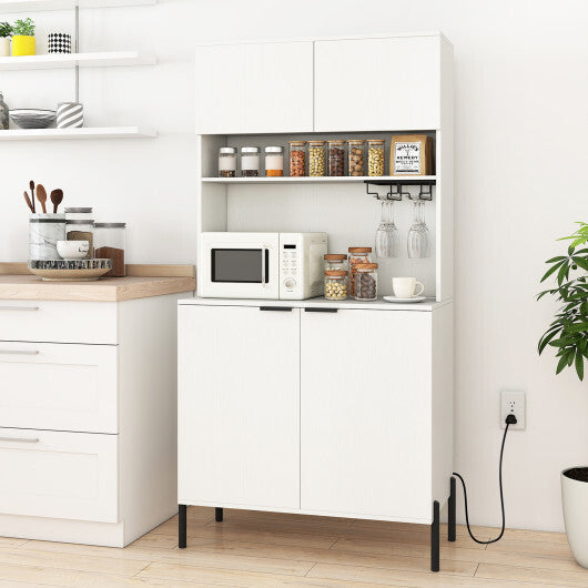 64.5 Inches Tall Kitchen Pantry Cabinet with Charging Station and Wine Glass Rack-White