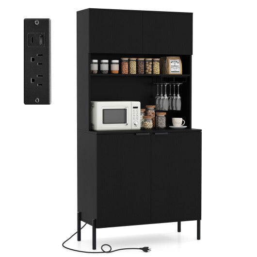 64.5 Inches Tall Kitchen Pantry Cabinet with Charging Station and Wine Glass Rack-White