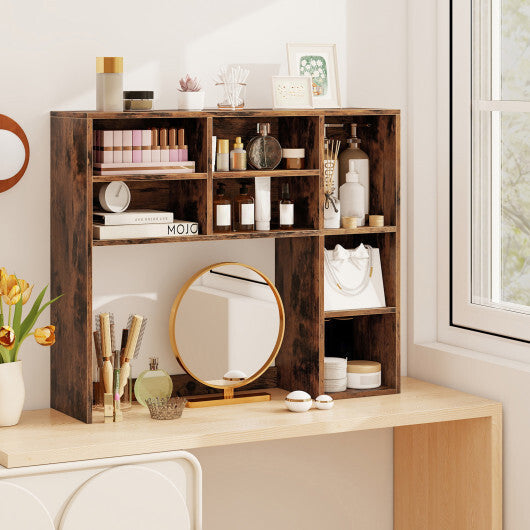 Desktop Bookshelf with 7 Open Cubbies and 3 Adjustable Shelves-Brown W2B