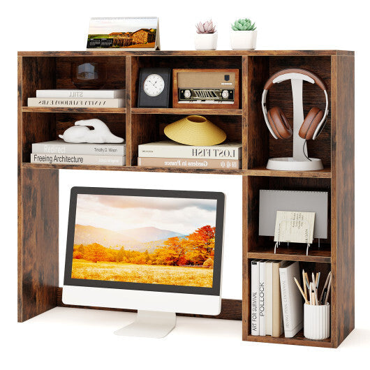 Desktop Bookshelf with 7 Open Cubbies and 3 Adjustable Shelves-Brown W2B