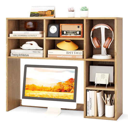 Desktop Bookshelf with 7 Open Cubbies and 3 Adjustable Shelves-Brown W2B