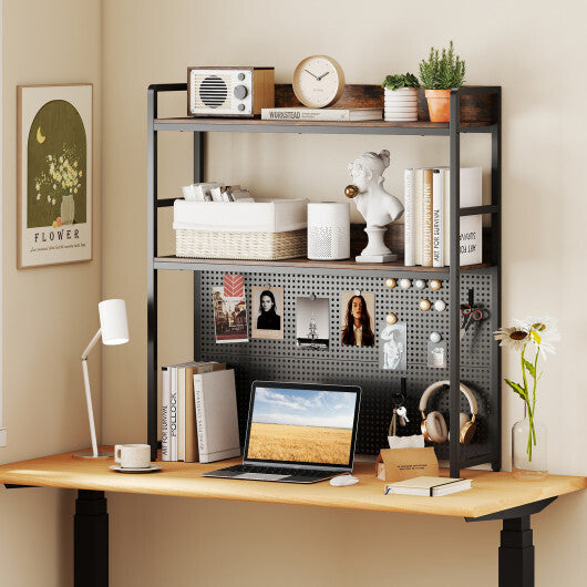 Multipurpose 2-Tier Desktop Bookshelf with Pegboard for up to 32 Inch Computer Monitor-Rustic Brown W2B