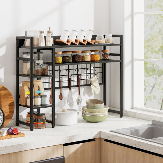 4-Tier Desk Shelf Desktop Display Rack with Metal Grid Panel and 6 Hooks-Black W2B