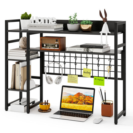 4-Tier Desk Shelf Desktop Display Rack with Metal Grid Panel and 6 Hooks-Black W2B