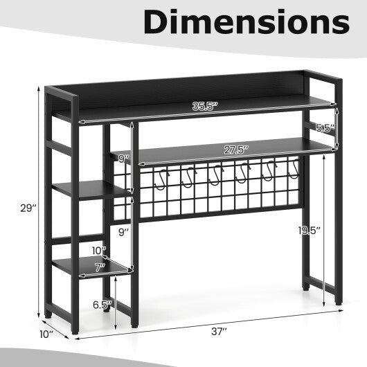 4-Tier Desk Shelf Desktop Display Rack with Metal Grid Panel and 6 Hooks-Black W2B