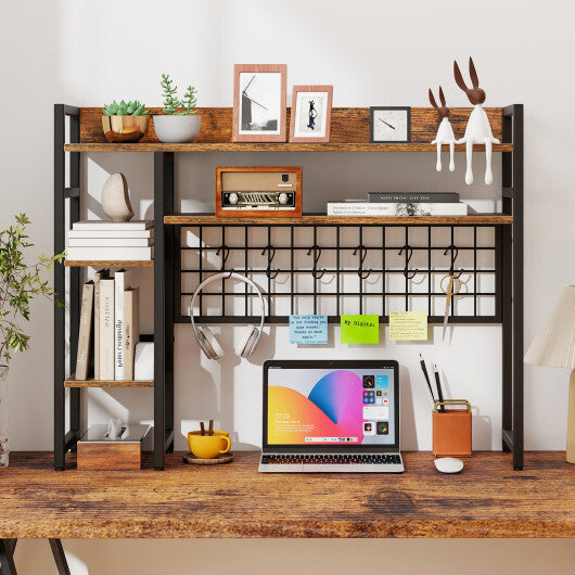 4-Tier Desk Shelf Desktop Display Rack with Metal Grid Panel and 6 Hooks-Black W2B