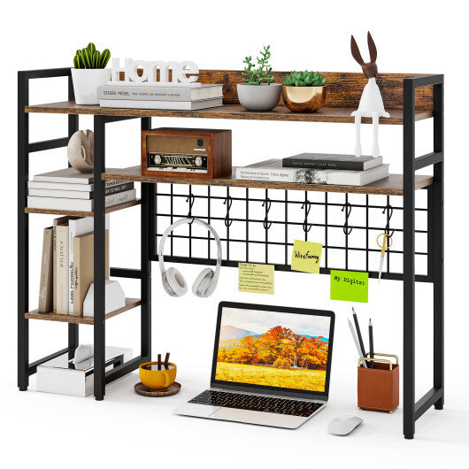4-Tier Desk Shelf Desktop Display Rack with Metal Grid Panel and 6 Hooks-Black W2B