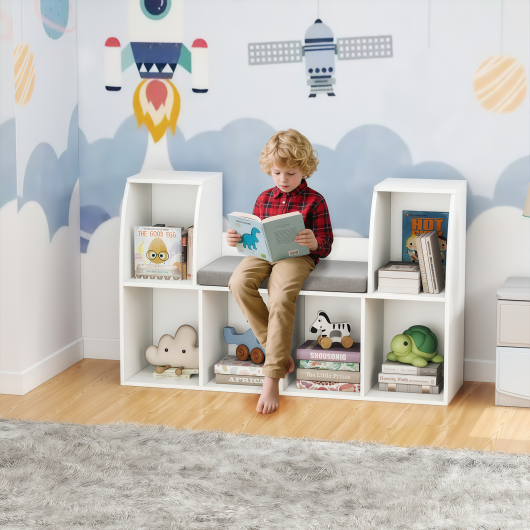 40 Inches Kids Bookshelf with Reading Nook Bookcase with 6 Open Cubes-White W2B