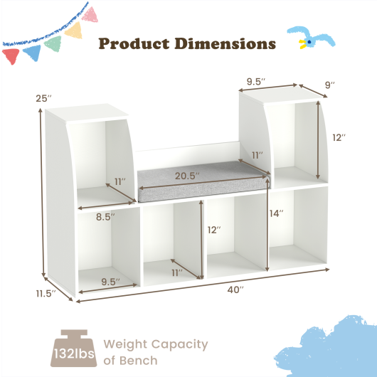 40 Inches Kids Bookshelf with Reading Nook Bookcase with 6 Open Cubes-White W2B