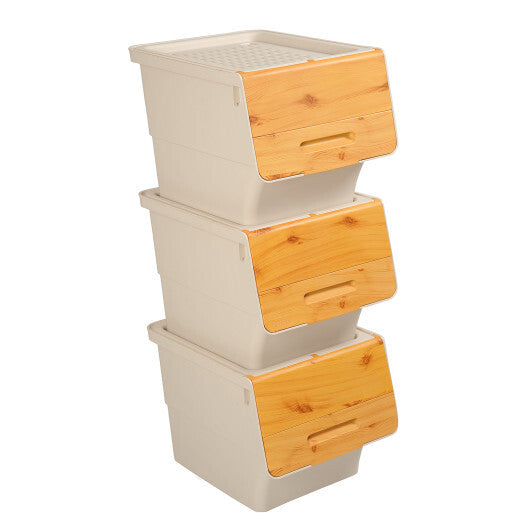 3 Pieces Storage Bins on Wheels Stackable Plastic Boxes with Stay-Open Lid (M)-Orange W2B