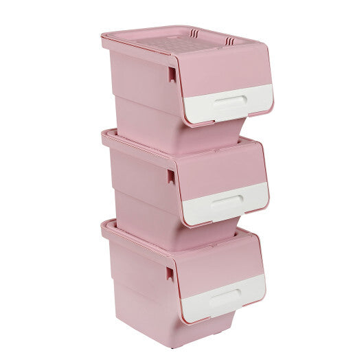 3 Pieces Storage Bins on Wheels Stackable Plastic Boxes with Stay-Open Lid (M)-Orange W2B