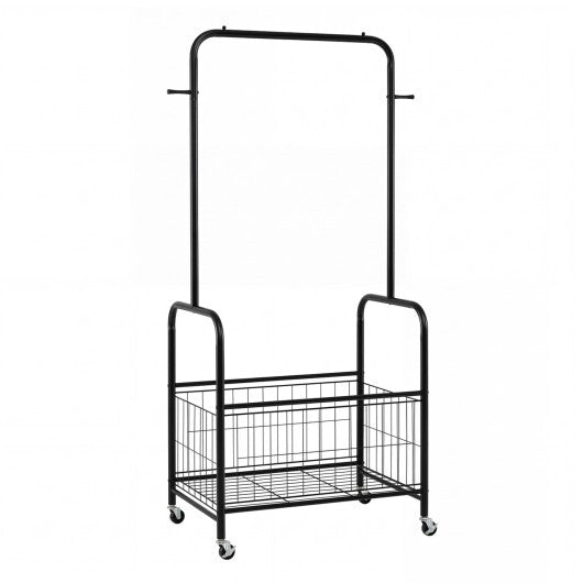 Rolling Metal Clothes Rack with Hanging Rod and Storage Basket-Black W2B