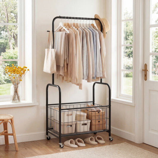 Rolling Metal Clothes Rack with Hanging Rod and Storage Basket-Black W2B