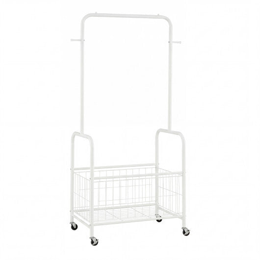 Rolling Metal Clothes Rack with Hanging Rod and Storage Basket-Black W2B