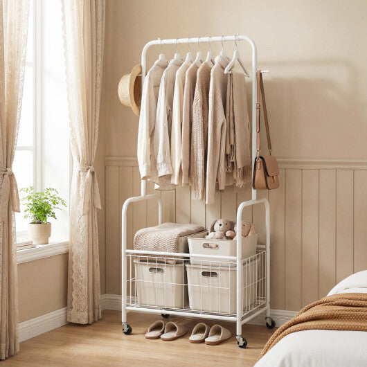 Rolling Metal Clothes Rack with Hanging Rod and Storage Basket-Black W2B