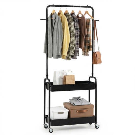 Heavy-Duty Laundry Cart with Hanging Rod and 2 Storage Baskets for Bedroom-Black W2B