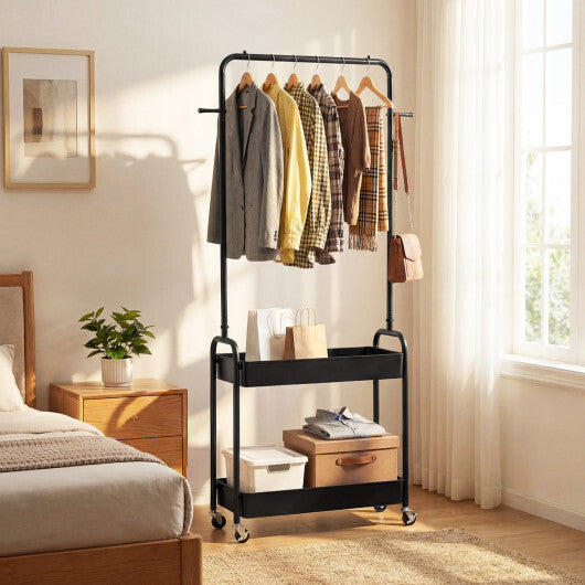 Heavy-Duty Laundry Cart with Hanging Rod and 2 Storage Baskets for Bedroom-Black W2B