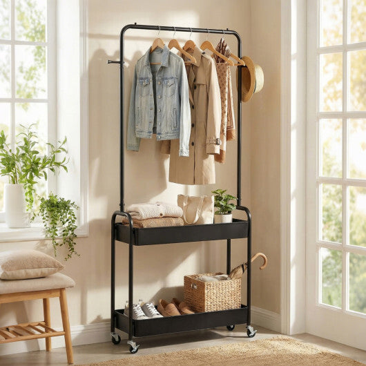 Heavy-Duty Laundry Cart with Hanging Rod and 2 Storage Baskets for Bedroom-Black W2B