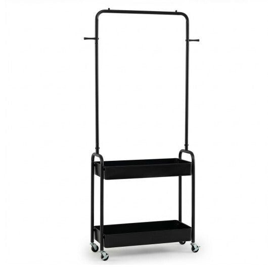 Heavy-Duty Laundry Cart with Hanging Rod and 2 Storage Baskets for Bedroom-Black W2B