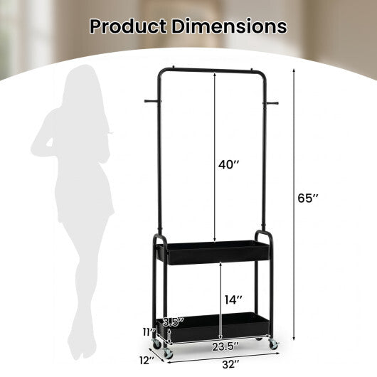 Heavy-Duty Laundry Cart with Hanging Rod and 2 Storage Baskets for Bedroom-Black W2B