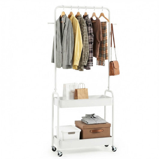 Heavy-Duty Laundry Cart with Hanging Rod and 2 Storage Baskets for Bedroom-Black W2B