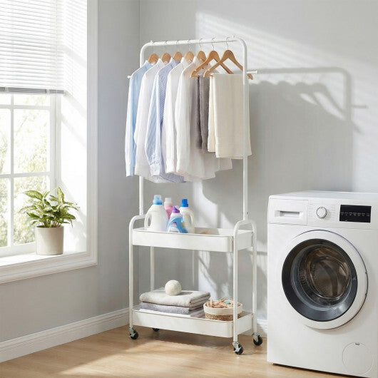 Heavy-Duty Laundry Cart with Hanging Rod and 2 Storage Baskets for Bedroom-Black W2B