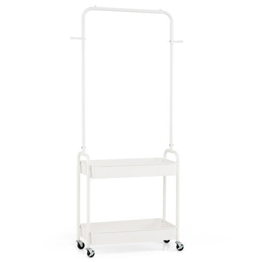 Heavy-Duty Laundry Cart with Hanging Rod and 2 Storage Baskets for Bedroom-Black W2B