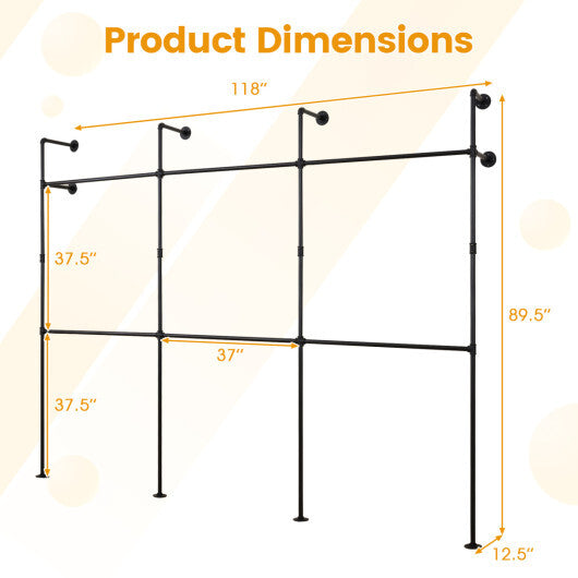 Wall Mounted Pipe Clothing Rack with 6 Hanging Rods-Black W2B