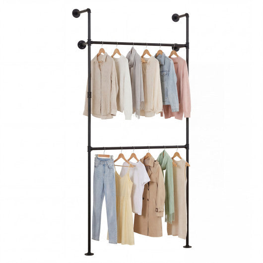 Wall Mounted Pipe Clothing Rack with 2 Hanging Rods-Black W2B