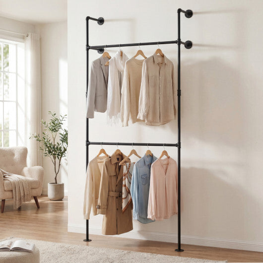 Wall Mounted Pipe Clothing Rack with 2 Hanging Rods-Black W2B